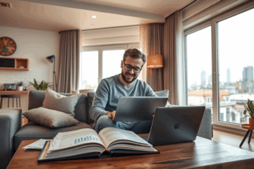 Een afbeelding van een modern appartement met een focus op financiële opties voor aankoop.