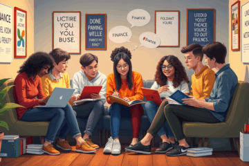 Afbeelding van studenten die studietips en ondersteuning bespreken.