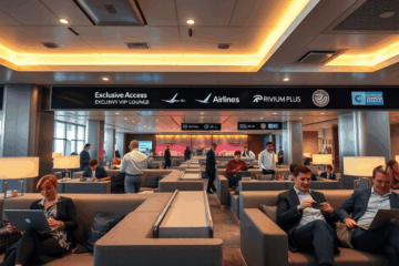 Een luxe VIP-lounge op de luchthaven met comfortabele zitplaatsen en gratis catering.