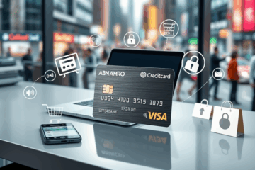 Een afbeelding van de ABN AMRO Creditcard met een overzicht van de voordelen van de kaart.