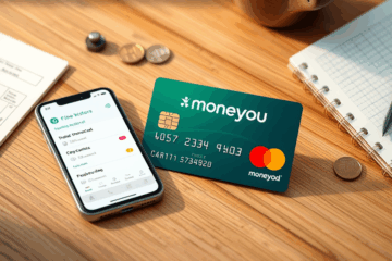 Een afbeelding van de Moneyou Mastercard kaart met een overzichtelijke app voor financiële controle.