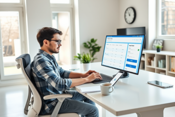 Een jonge volwassene regelt online snel en overzichtelijk een persoonlijke lening via een laptop in een lichte thuiswerkruimte